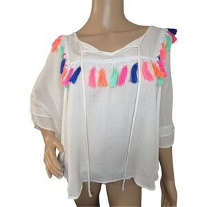 Blushing Heart Boho White Poncho Style Blouse With Colorful Tassels